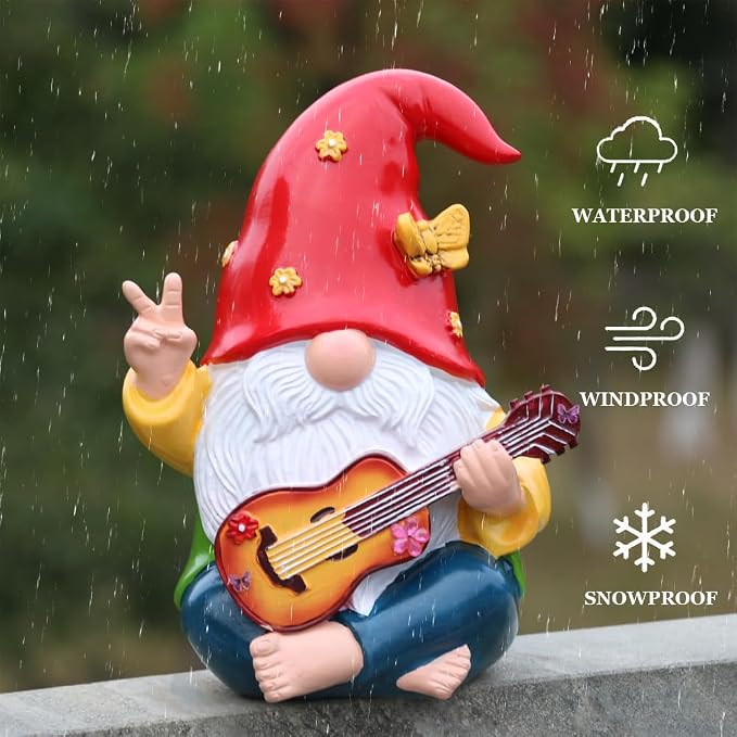 Hippie Garden Gnome Statue,Funny Gnome Figurine with Guitar -9.3‘’ Outdoor Resin Lawn Ornament,Unique Gift for House,Lawn,Patio and Porch, Gifts for Garden Lovers