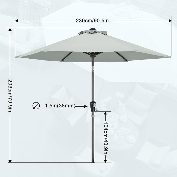 MASTERCANOPY 7.5FT Patio Umbrella with Push Button Tilt and Crank, Outdoor Market Umbrella with 6 Sturdy Ribs, UV Protection & Waterproof for Garden, Deck, Backyard, Pool (Light Gray)