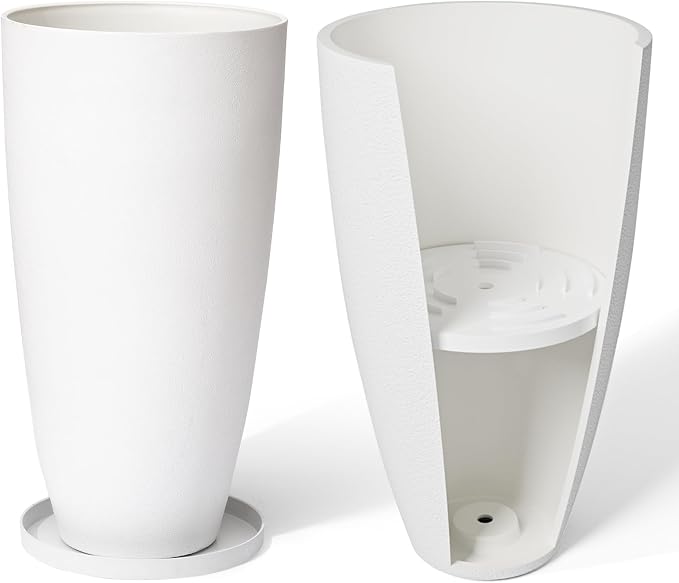 LA JOLIE MUSE 27 Inch Tall White Planters,Set of 2 Tall Round Planters for Indoor Plants with Trays,Modern Tree Planters for Front Door and Patio Deck