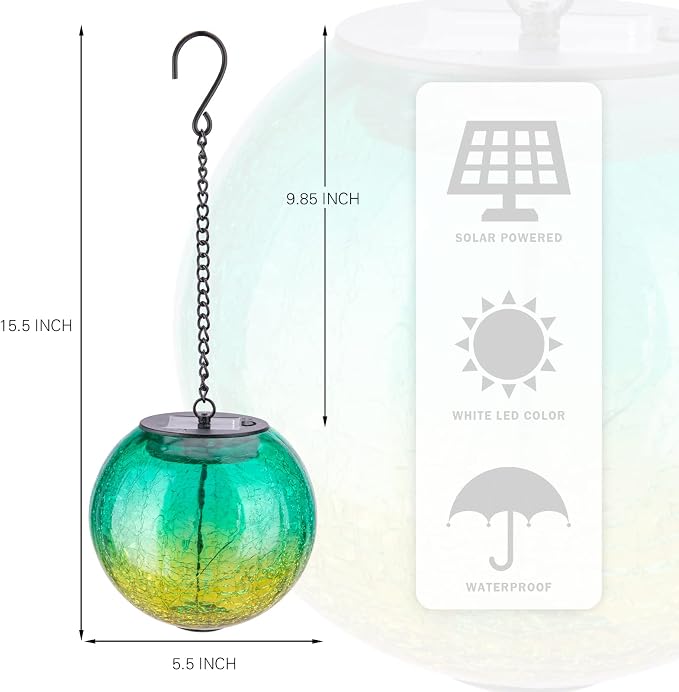 Mosaic Solar Hanging Lantern Green Glass Outdoor Waterproof Solar Lights | Hanging Solar Lights for Outside, Cracked Mosaic Ball Lights Solar Powered Waterproof Garden Lights Housewarming Gifts