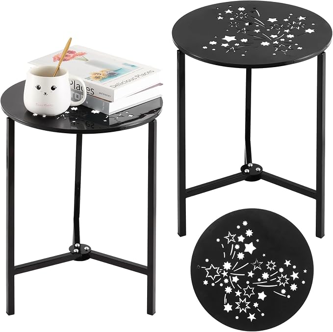 Party Zealot Set of 2 Small Round Metal Side Tables 13 Inches Black Outdoor End Tables for Patio, Balcony, Porch or Garden – Weather-Resistant Corner Coffee Table for Small Spaces & Indoor Plant Stand