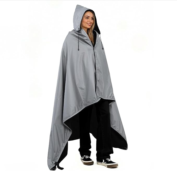 Large Waterproof Outdoor Picnic Blanket 80"x 58" | Windproof Lightweight Stadium Blanket, Packable, Stay Dry and Comfortable for Camping, Sports, Travel - Grey Hooded