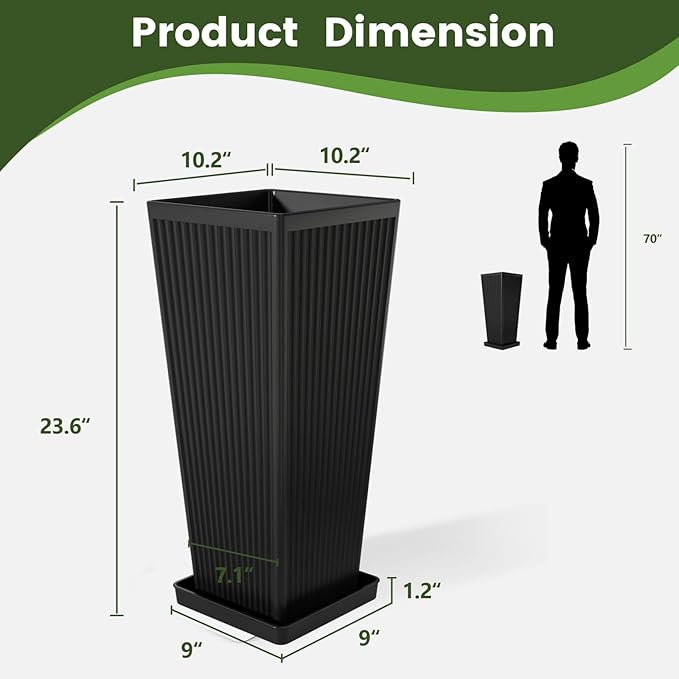Front Porch Planters Outdoor Set of 2, 24" Tall Plastic Planters for Outdoor Plants with Drainage, Extra Large Outdoor Planter Pots, Tapered Tall Planters for Front Door & Indoor Plants, Black