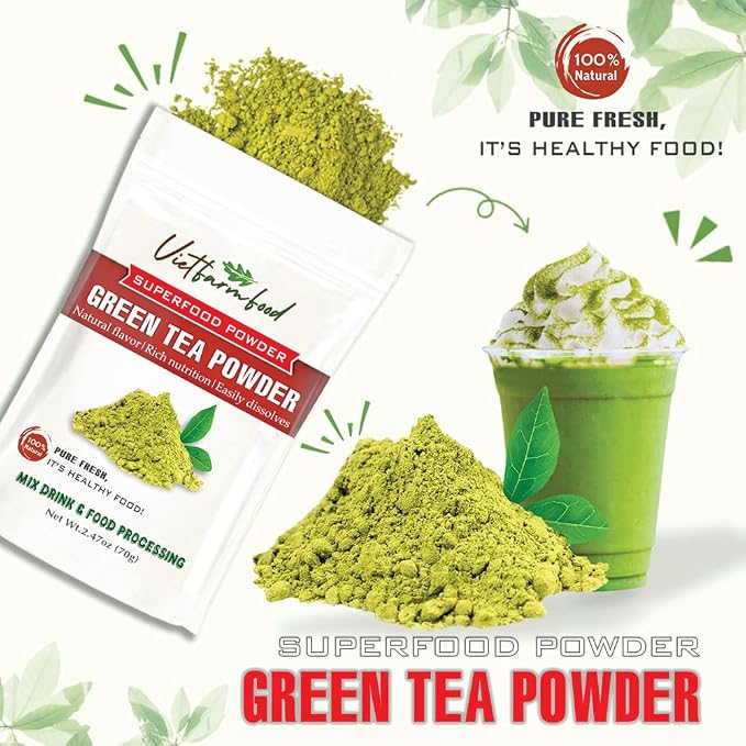 GREEN TEA POWDER 2.47 oz (70g) VIETFARMFOOD: Pure freeze-dried fruit powder, made from real fruit with no added sugar - Perfect for daily nutrition to keep your body full of vitality.