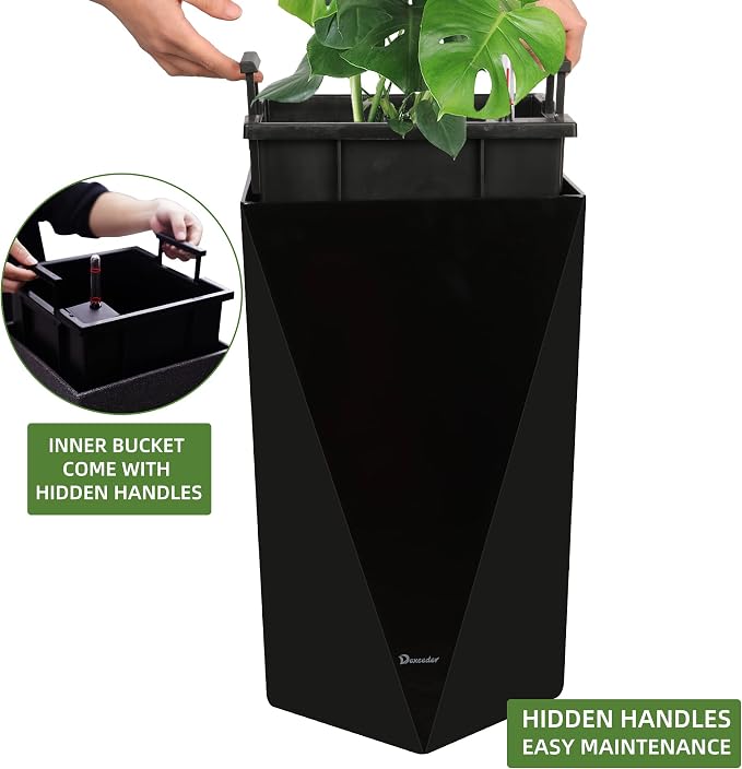 Dexceder 20 Inches Self Watering Tall Planter (Black) | Diamond High Gloss, Thickened Rhombus Large Floor Standing Flower Plant Pot with Water Level Indicator Indoor Outdoor