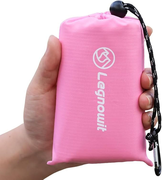 Outdoor Pocket Blanket, 55"x60" Waterproof Foldable Compact Small Picnic Blanket, Ultralight Tarp for Camping, Festival, Beach, Hiking, Backpacking, Travel, Stakes Included (Pink)