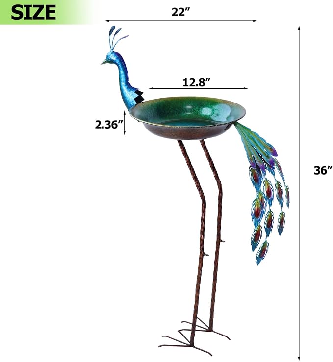 36" H Peacock Bird Baths for Outdoor, Metal Bird Feeder Seed Trayr,Outdoor Bird Bath,Garden Lawn Yard Decor