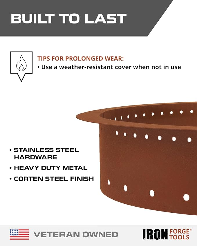 Iron Forge Tools Smokeless Outdoor Fire Pit Ring Insert 42 Inch Round | heavy duty corten steel, permanent fire pit rings, backyard bonfire, smokeless firepit, 36 inch inner ring, pit liner insert
