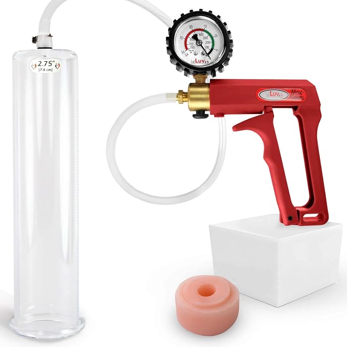 LeLuv Penis Pump Maxi Red Handle + Protected Gauge - Bundle with Clear Hose, Silicone Donut Seal - 12 inch Length x 2.75 inch Diameter Cylinder