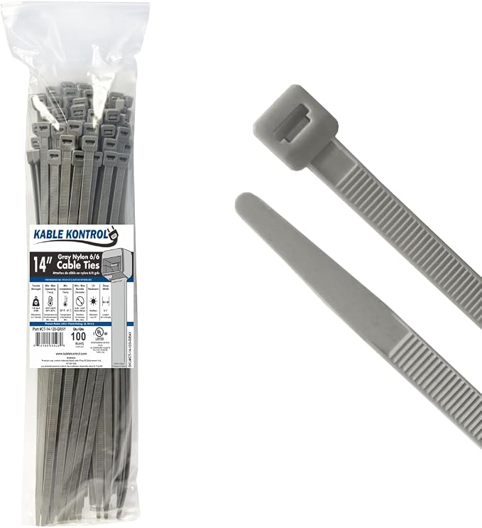 Kable Kontrol Gray Zip Ties 14 Inch 100 Pcs, 120 Lbs Tensile Strength, Self-locking Nylon Colored Cable Ties Wire Wraps for Indoor or Outdoor Use