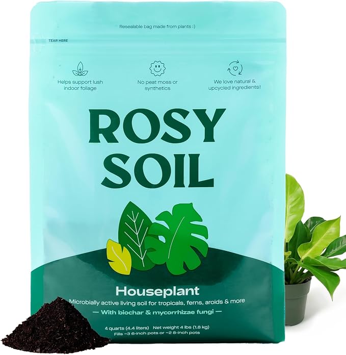 Rosy Soil Houseplant Potting Soil, Organic Indoor Potting Mix, 4 Quarts | Biochar and Worm Castings, For Monstera, Pothos, Tropical Indoor Plants, Peat Free
