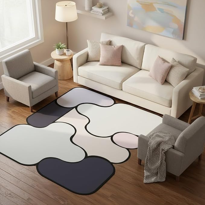 Unique Weird Shaped Rugs 5x8 Contemporary Abstract Dark Grey Beige Art Deco Indoor Low Pile Mats for Living Room Dining Room Office Dorm Bedroom Guestroom Nursery Thin Non Skid Wool Carpets
