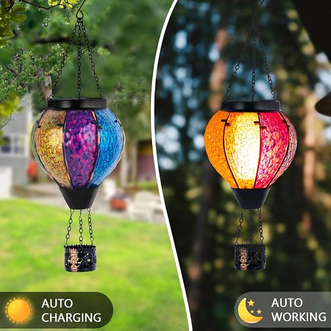 Solar Hot Air Balloon Outdoor Lantern with Flickering Flame, Handmade Glass Hanging Outdoor Lantern Waterproof Decorative Lantern Lamp for Patio, Garden, Porch (Colorful) | Handmade Glass, Waterproof, Decorative Lantern Lamp, for Patio, Garden, Porch, ...