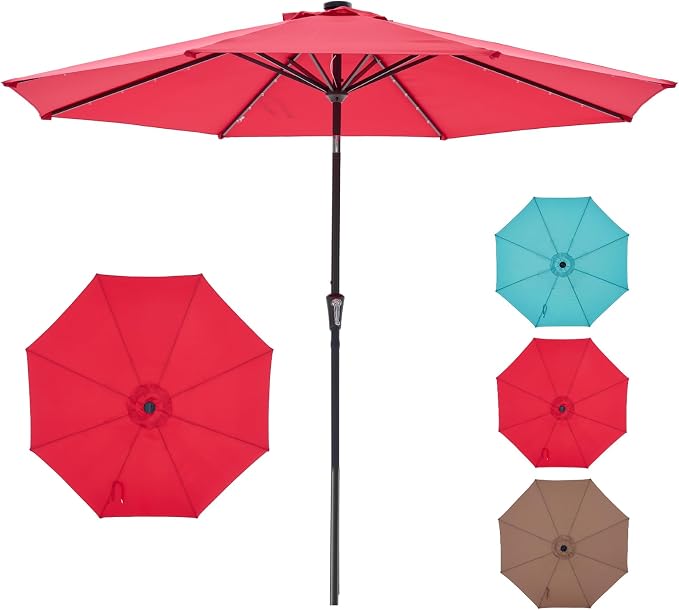 NEWBULIG 10ft Solar Patio Umbrella with 32 LED Lights, Table Market Umbrella with Tilt Adjustment & Crank Lift, Outdoor Sun Umbrella for Garden, Deck, Backyard, Pool and Beach