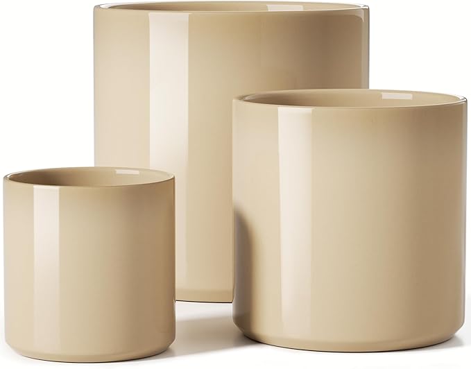 LE TAUCI 10+8+6 Inch Ceramic Pots for Plants, Indoor Planters with Drainage Hole and Plug, Modern Cylinder Flower Pots Set of 3 for Living Room and Bedroom, Glossy, Sand Beige