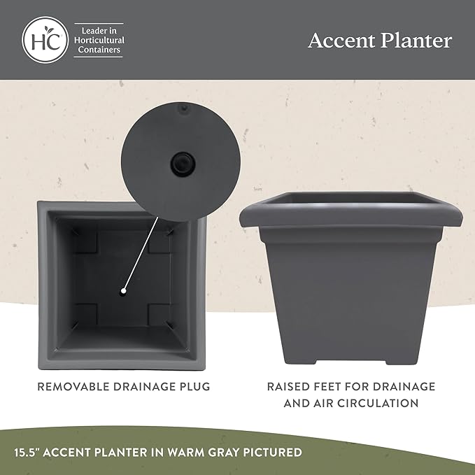 The HC Companies 15.5 Inch Accent Square Plant Pots with Drainage, Lightweight UV-Resistant Plastic Planters for Indoor & Outdoor Plants, 2-Pack Flower Pots for Garden, Office & Home Decor, Evergreen