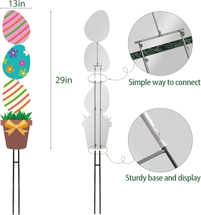 Bunny Chorus Large Metal Easter Egg Flower Pot Yard Signs: 2pcs, Multicolored, Farmhouse Style, Easter Decor with Stakes, Lawn & Garden Decor