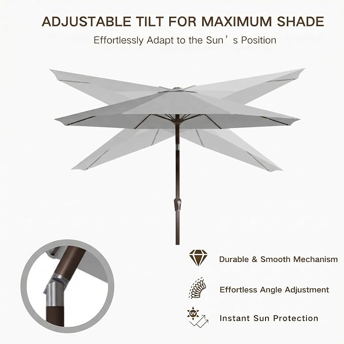 Kingdura 9FT Outdoor Patio Umbrella with Solar Lights, Market Table Umbrella with Push Button Tilt & Crank, 8 Sturdy Ribs, 32 LED Lights, UV Protection for Garden Lawn Deck Backyard Pool (Light grey)