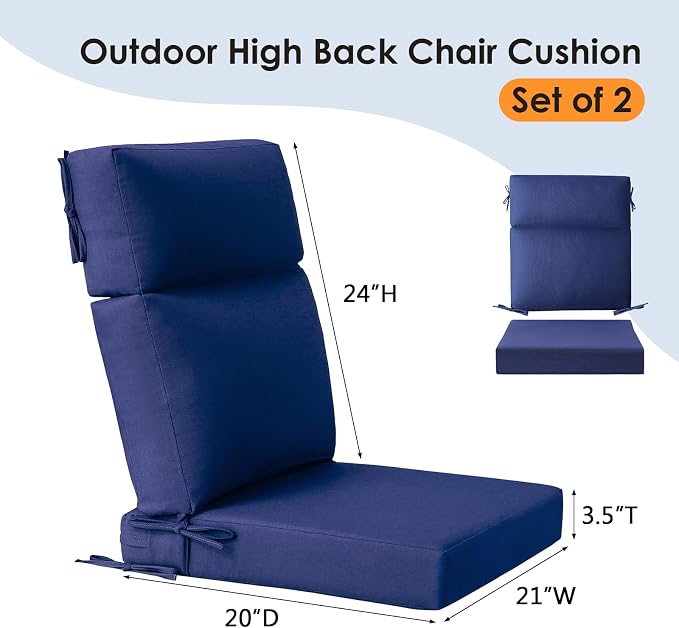 Unimatta Outdoor Separate High Back Chair Cushion Seat Pads, 2-Pack 44 x 21 Inch Water-Repellent & Fade-Resistant Patio Furniture Cushions with Ties for Adirondack, Rocking Chairs, Navy