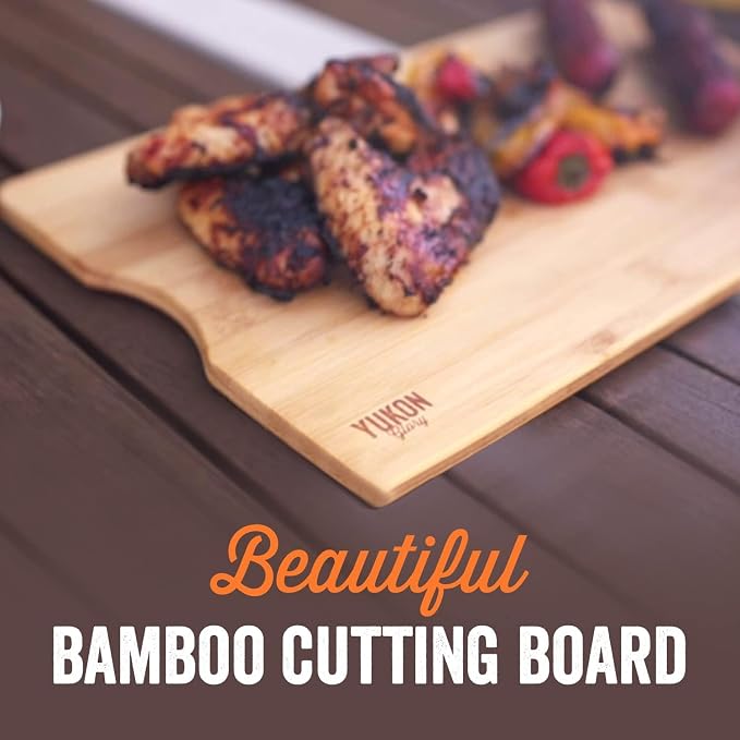Yukon Glory™ BBQ 'N SERVE Premium Set, Includes 3 Grill Baskets, Serving Tray, Bamboo Cutting Board, Plastic Lid and Clip-on Handle | 7-piece complete set | RUST-PROOF & WARP-PROOF | Bamboo board | Serving station | Clip-on handle | Dishwasher safe