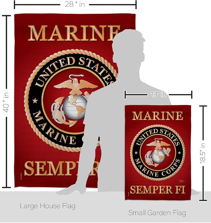 Marine Corps Garden House Flag - Set Armed Forces USMC Semper Fi United State American Military Veteran Retire Official - Decoration Banner Small Yard Gift Double-Sided Made in USA 28 X 40