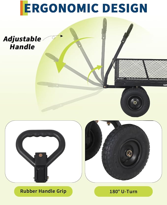 Garvee Versatile Outdoor Utility Cart-1200LBS Heavy-Duty, 13" All-Terrain Pneumatic Tires, Vehicle-Connectable, Easy Maneuverable Lawn Cart with Removable Mesh Panels for Gardening & Landscaping,Black