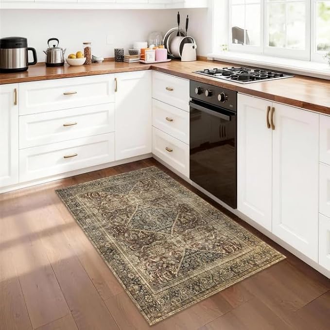 Brown 3x5 Rug Non-Slip: Washable Area Rug for Bedroom Entryway Kitchen Bathroom Indoor - Vintage Home Decor Mat Carpet - Oriental Dark Brown