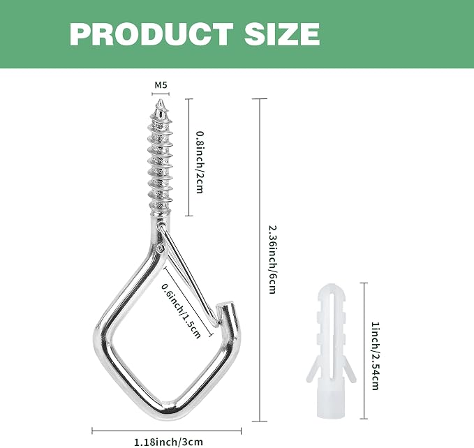 12 PCS 304 Stainless Steel Screw Hooks for Hanging, Ceiling Hooks with Locking Clip, Screw in Hooks for Hanging Plants, String Lights, Wind Chimes, Bird Feeders, Outdoor and Indoor Use