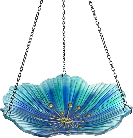 HONGLAND Bird Baths for Outdoors, Glass Birdbaths Outdoor Birdfeeder with Metal Stake (Light Blue with Hanging)