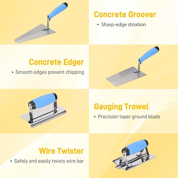 10pcs Concrete Trowel Tool Set,Professional Masonry Hand Tool Kit Includes Finishing Trowel,Pool Trowel,Wood Float,Gauging Trowel,Concrete Edger, Groover,Wire Twister Tool, Gloves and Tool Bag