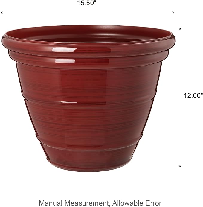 Glitzhome 15.5" D Large Flower Pots, Set of 2 Tall Planters for Outdoor Plants with Drainage Holes,Red Faux Ceramic Finish,Round Plastic Tall Flower Pots for Garden, Patio, Porch or Indoor Use
