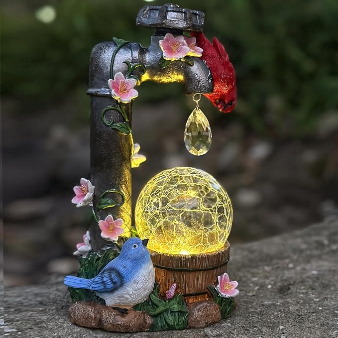 Solar Cardinal Garden Statue Decoration, Water Faucet and Solar Light Glass Ball, Outdoor Resin Garden Statue, Cardinal Gift, Women's Mother's Birthday Gift, Size 9.45 inches