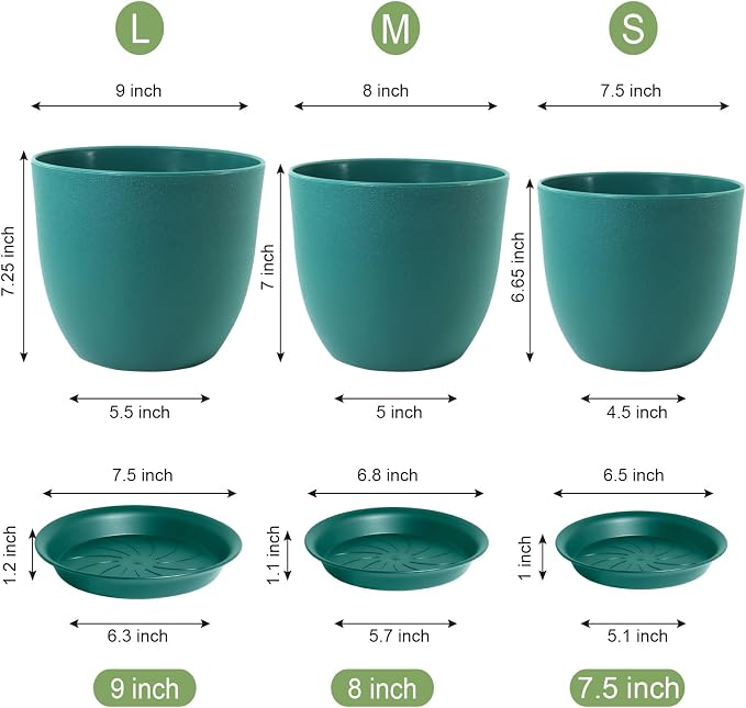 WSMKSZ 9/8/7.5 inch Flower Pots, 3 Pack Modern Plastic Planters with Drainage Holes and Trays for House Plants, Plant Pots for Indoor Outdoor Plants, Blue Green