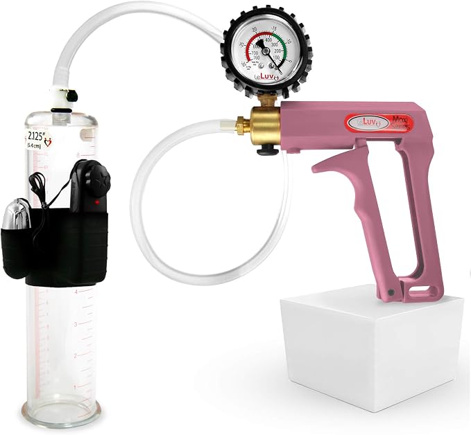 LeLuv Vibrating Penis Pump Maxi - Pink Nylon Handle + Protected Gauge and Clear Hose - 9 inch Length x 2.125 Inch Diameter Cylinder