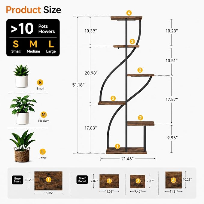Plant Stand Indoor with Grow Light, 51" Tall Plant Stand for Multiple Plants, 6 Tiered Plant Shelf Indoor, Corner Metal Flower Plant Holder Display Rack for Living Room, Patio Decor