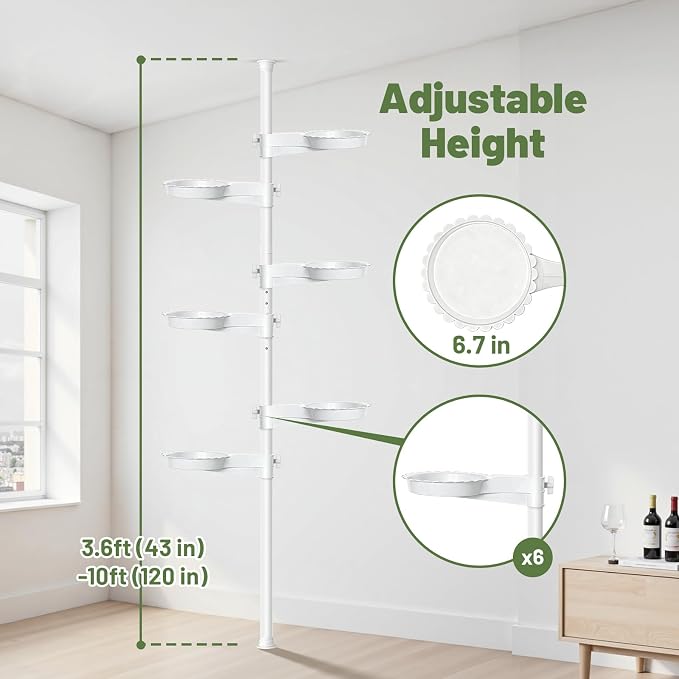 Tension Rod Plant Stand, Plant Poles for Hanging Plants Indoor, 6 Tier Tension Pole Plant Hanger, Floor to Ceiling Plant Pole with 6 Trays Hanging Plant Stand (White)