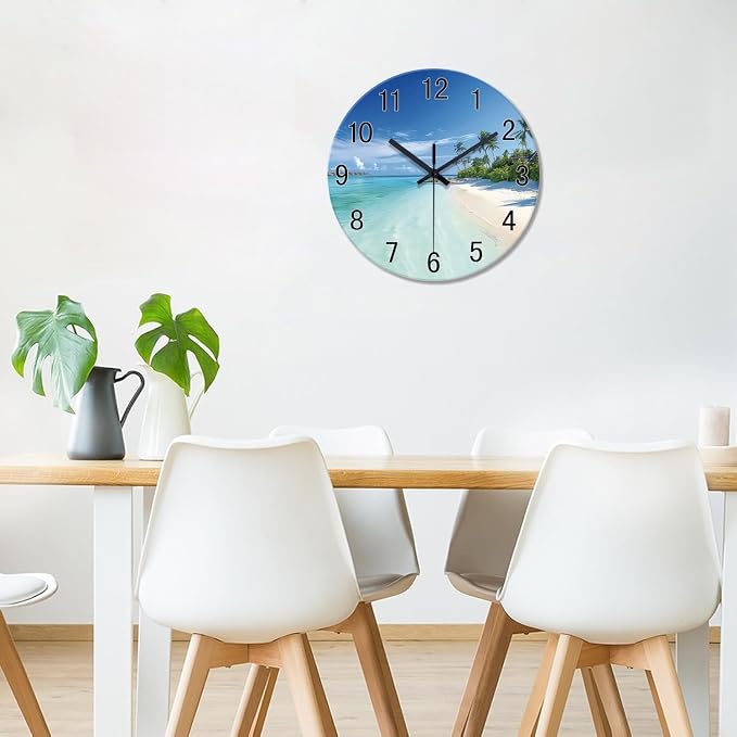 XFM Beach Coastal Wall Clock 16 Inch Blue Ocean Wall Clocks Battery Operated Tropical Seascape Glass Wall Clock for Living Room Bedroom Kitchen Decor