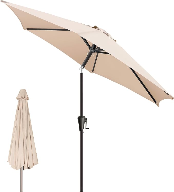 10ft Patio Umbrella Outdoor - Table Umbrella with 6 Sturdy Ribs, Market Umbrella with Push Button Tilt, UV Protection for Pool, Porch, Garden, Deck, Backyard (Beige)