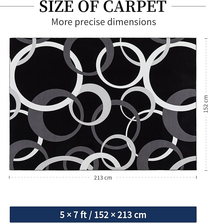Washable 5x7 Area Rugs for Living Room, Modern Black and White Rug for Bedroom Non Slip Low Pile, Modern Circle Pattern Carpet for Dining Room Playroom Home Office Decor