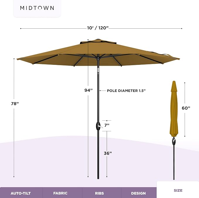 Midtown Umbrellas - 10-Year-No-Fade 10 Ft Patio Umbrella with Terylast Fabric, Auto-Tilt Aluminum Frame and 8 Reinforced Ribs for Deck, Pool, Garden & Beach - Sand Tan Canopy, Black Pole
