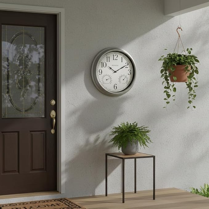 Westclox 15.75” Outdoor Wall Clock with Temperature & Humidity Display, Weather Resistant, Silver Finish, Glass Lens, Battery Operated
