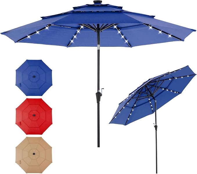DUMOS Outdoor Solar Patio Umbrella 3 Tiers with 32 LED Lights, Beach Market Table Umbrella with Crank and 8 Sturdy Ribs for Pool, Terrace, Restaurant