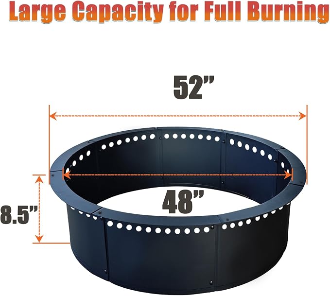SoulMate Outdoor 52-Inch Outer/48-Inch Inner Fire Pit Ring Smokeless,Duty Solid Metal Steel Round Firepit Rim Insert for DIY Fire Pits, Outdoor Above or In-Ground, Camping Garden Patio Backyard.