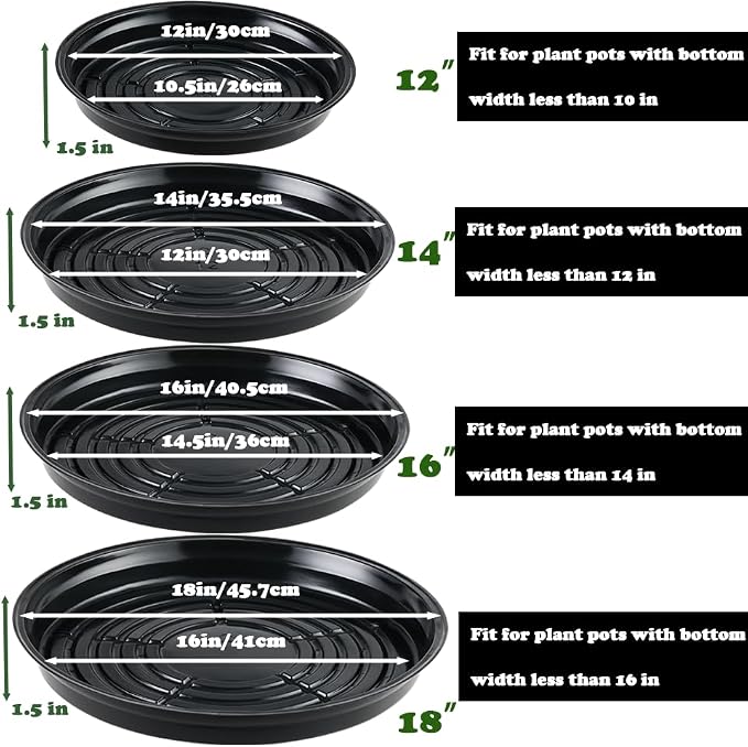 10 Packs 18 Inches Extra-Large Black Plant Saucers for Indoor Outdoor Use Heavy Duty Plastic Plant Trays for Planter Bulk Flower Pot Drip Trays to Catch Water, 4 to 20 Inch