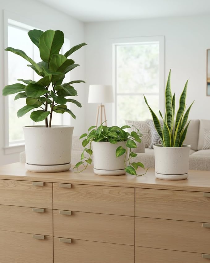 Ceramic Plant Pots Set of 3, 4.3"/5.6"/6.9" Indoor Plant Pots with Drainage Hole and Attached Saucer, Modern Ceramic Planters for Indoor Plants, Succulents, Herbs, Matte White Flower Pots