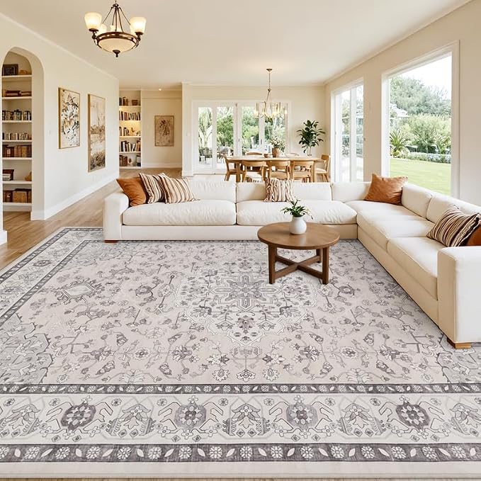 10x14 Area Rugs Living Room: Bedroom Washable Carpet Beige & Grey | Large Vintage Boho Indoor Decor Neutral Soft Nursery Farmhouse Dining Room Office Floor Non-Slip Low Pile Under Table Rug