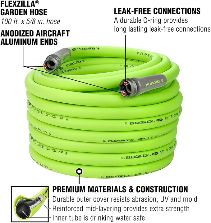 Flexzilla Garden Hose with SwivelGrip, 5/8 in. x 100 ft., ZillaGreen & Garden Hose 5/8 in. x 100 ft., Heavy Duty, Lightweight, Drinking Water Safe, ZillaGreen