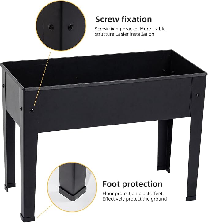Raised Garden Bed, Elevated Planter Black Metal Plant Box with Legs Standing Garden Stand Drainage Holes Black(24" L x 11" W x 18" H)