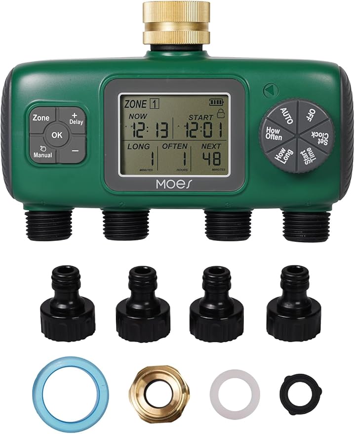 MOES 4 Outlet Sprinkler Timer, Brass Inlet, Programmable Automatic Irrigation Controller, Rain Delay, Manual Watering, 4 Zone Water Hose Timer for Gardens, Lawns, Hose Systems
