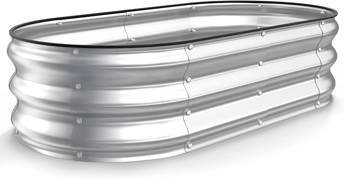 Kesfitt Raised Garden Bed, 4x2x1 FT Galvanized Steel Metal Raised Garden Bed, Oval Open-Bottom Design, 12-Inch Deep for Outdoor Vegetable & Herb Gardening, Silver